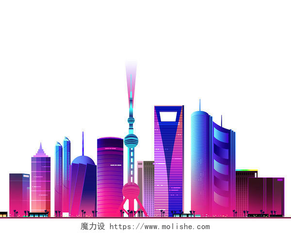 紫色手绘卡通渐变城市建筑高楼大厦元素PNG素材